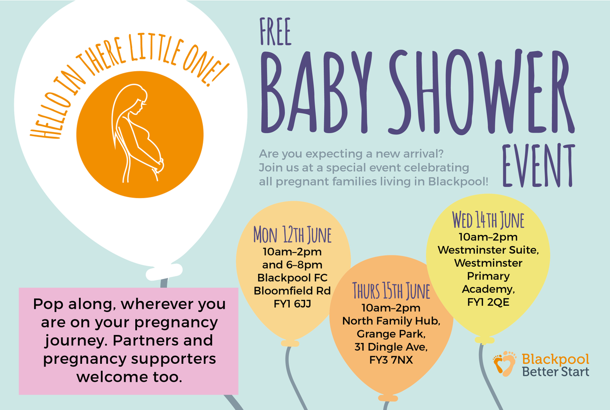 If you work with pregnant women in Blackpool, please share 🧡

To celebrate #IMHAW2023 and #BondingBeforeBirth, we are organising our first community Baby Showers 🎈

Open to all expectant families in Blackpool, whatever stage of their pregnancy.

Book 👉 bit.ly/BetterStartBab…