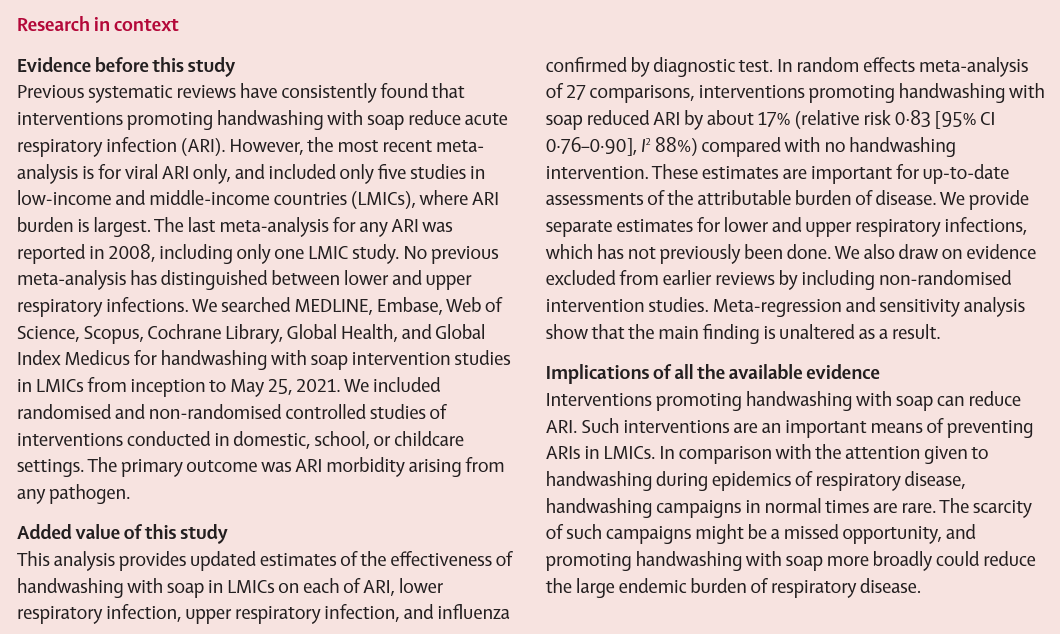 TheLancet's tweet photo. Acute respiratory infection (ARI) is a leading cause of morbidity and mortality globally.

A new study estimated the effect of interventions promoting handwashing with soap on ARI in LMICs: https://t.co/SvK7wB9iyU https://t.co/nNfZzD7Qqt