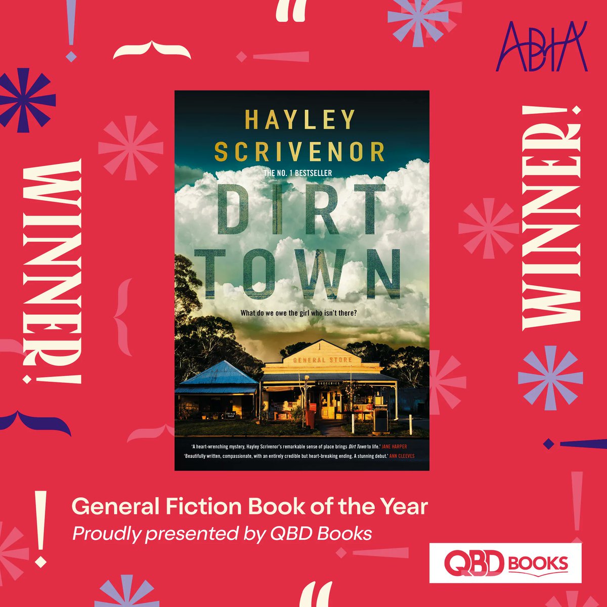 Proudly presented by @QBDBooks, the #ABIA2023 General Fiction Book of the Year goes to ‘Dirt Town’ by Hayley Scrivenor, published by @macmillanaus!