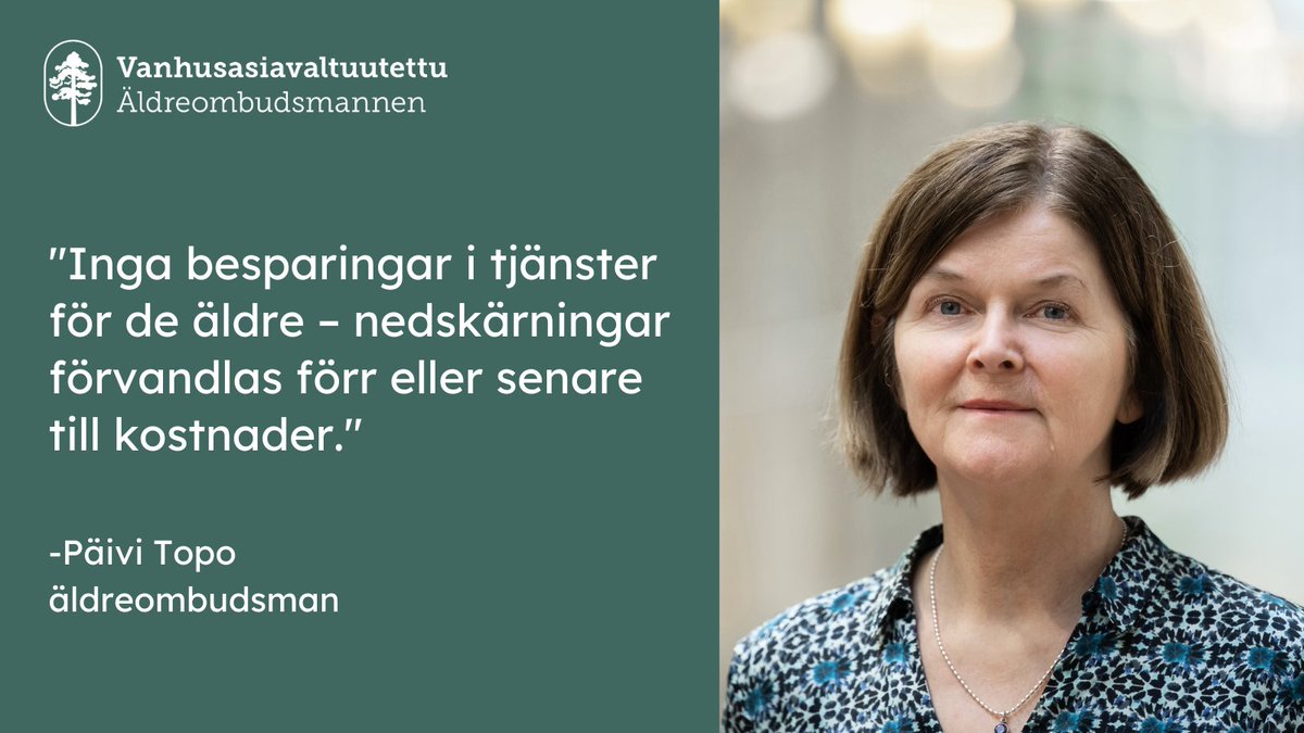 De äldres välmående och beslut som främjar det har en allt större samhällelig betydelse. Det är nu vi ska förbereda oss för den kontinuerliga och snabba förändringen i befolkningen som blir äldre. Bekanta dig med äldreombudsmannens årsberättelse: vanhusasia.fi/documents/9761…