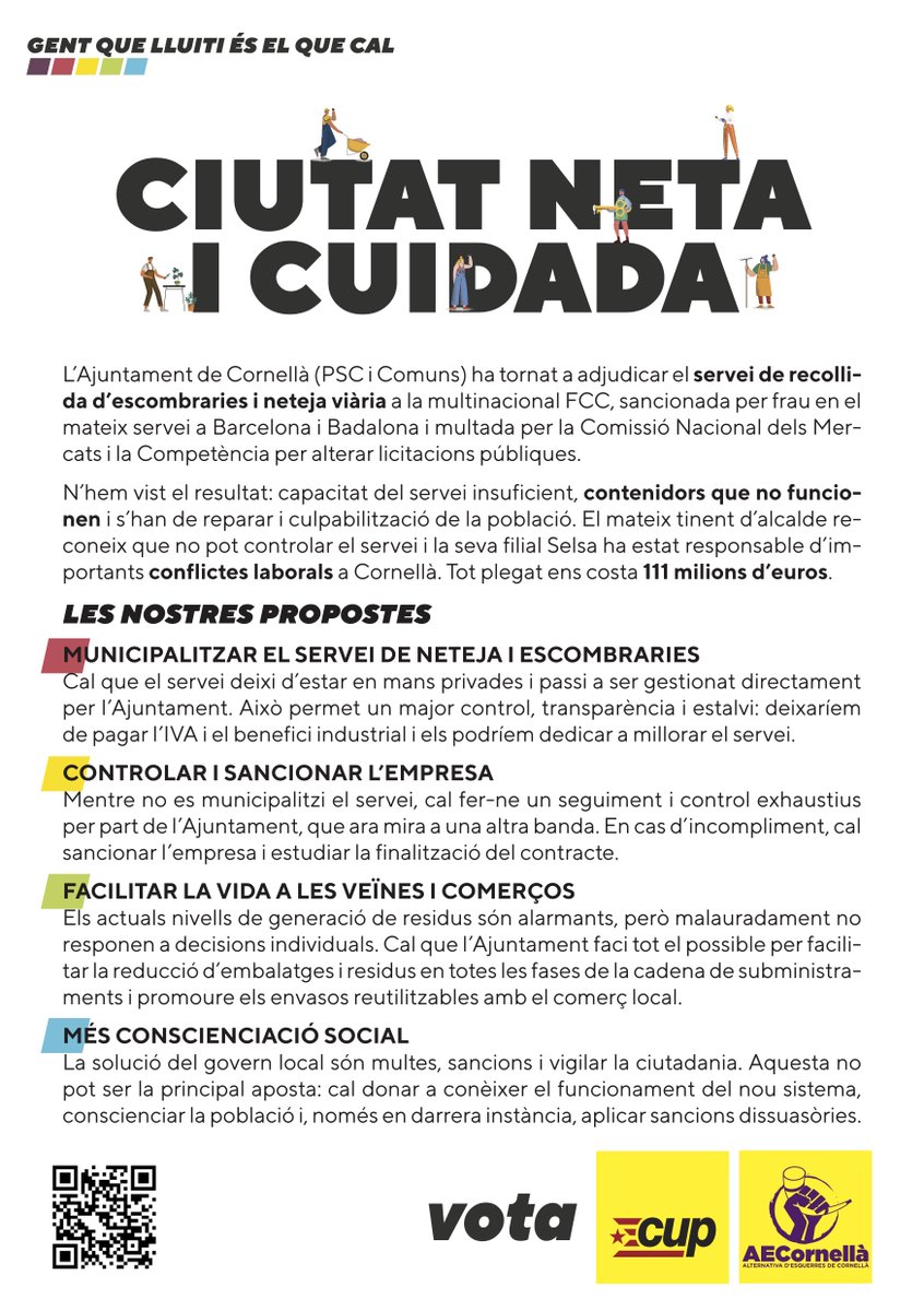 CUPcornella's tweet photo. 🟡🔴🟢🟣 Volem una ciutat neta i cuidada!

Contenidors que no funcionen, recollida insuficient i una empresa que s'embutxaca una milionada?

Tenim alternativa al model Balmón:
👉 Municipalitzar
👉 Controlar i sancionar FCC
👉 Facilitar la vida a les veïnes
👉 Més conscienciació https://t.co/aTD0J7gOCg