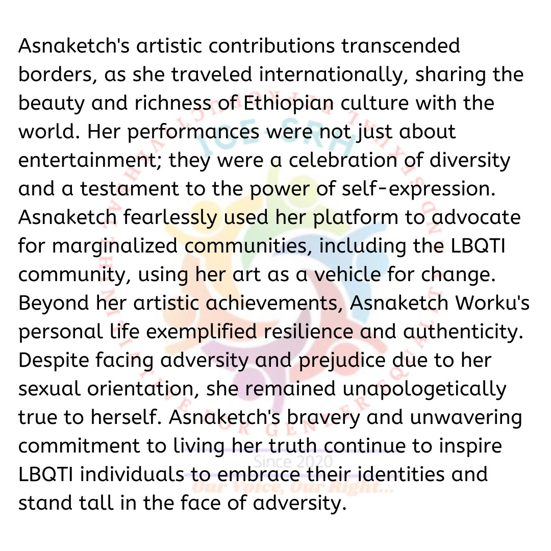 ige_srh's tweet photo. Asnaketch Worku was a queer icon who fearlessly shattered societal expectations and pushed boundaries. Her legacy serves as a reminder that our identities are not limitations but rather sources of strength and beauty.

#powerfulwomen #womeninhistory #africanhistory #art #igesrh https://t.co/Q9A2epvLy7