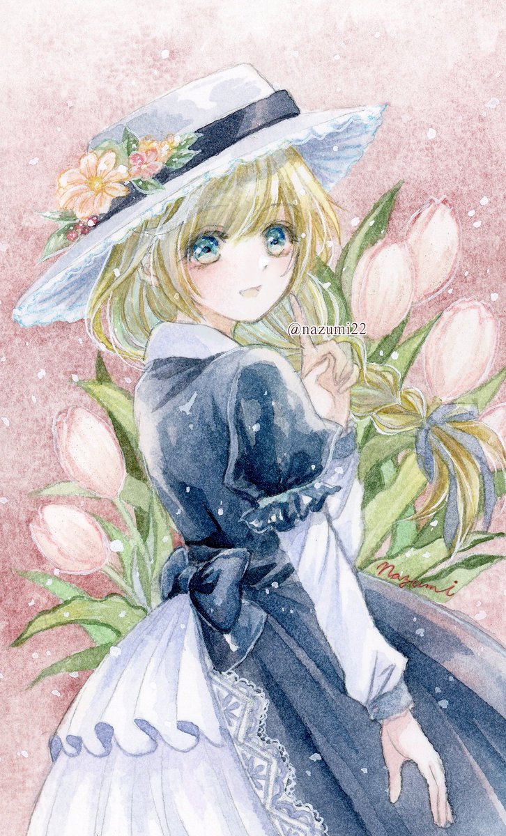 1girl hat solo dress blue eyes flower blonde hair  illustration images
