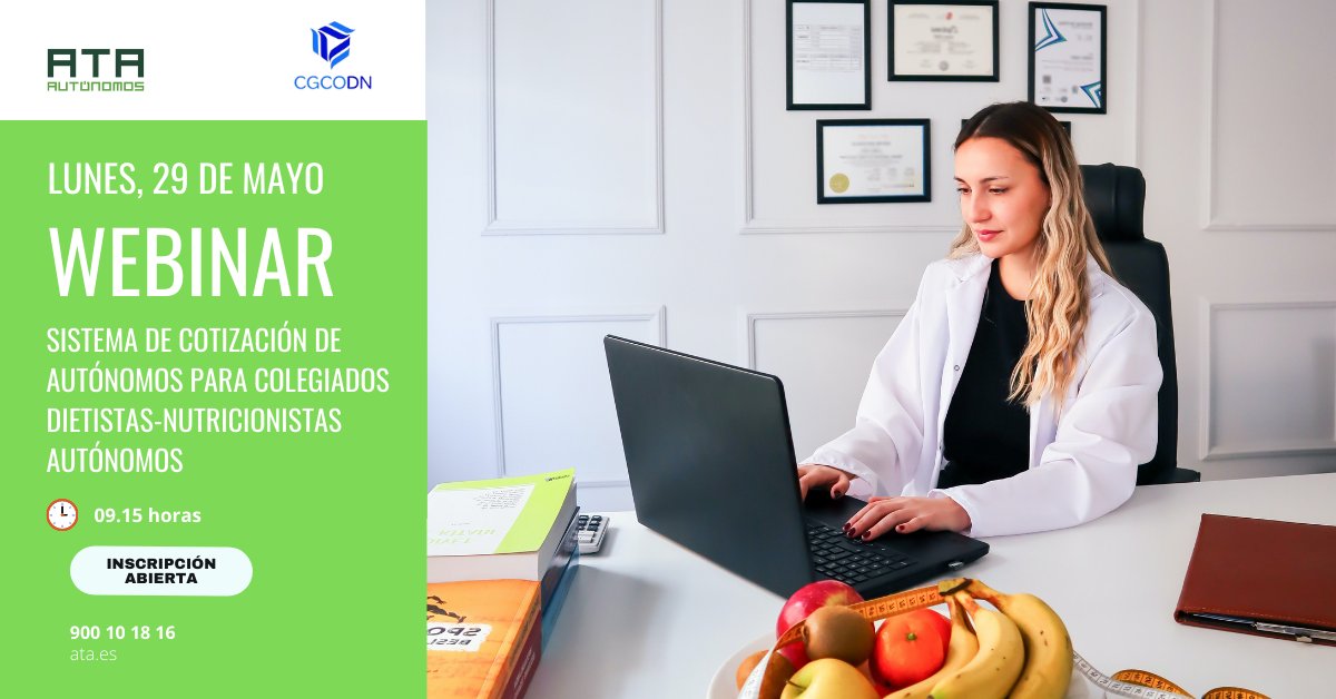 autonomosata's tweet image. 🚀#ATAAndalucía celebra el próximo lunes un webinar sobre el sistema de cotización de autónomos para colegiados dietistas-nutricionistas autónomos, junto a @cgcodn ¿Te lo vas a perder?

🗓️29 de mayo
💻Online

¡Inscríbete! us02web.zoom.us/meeting/regist…