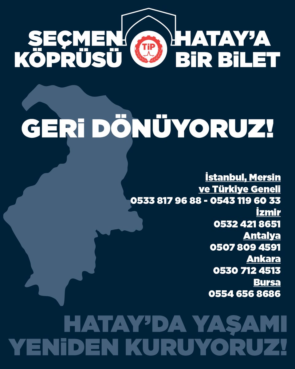 Önce oylarımızı kullanacağız, sonra ülkemizi yeniden kuracağız!

Depremzede yurttaşlarımızın geçici barındığı tüm illerden oy kullanmak için Hatay'a dönmelerine aracı oluyoruz.

Siz de görseldeki WhatsApp irtibat numaralarıyla iletişime geçebilir ve bağışta bulunabilirsiniz.