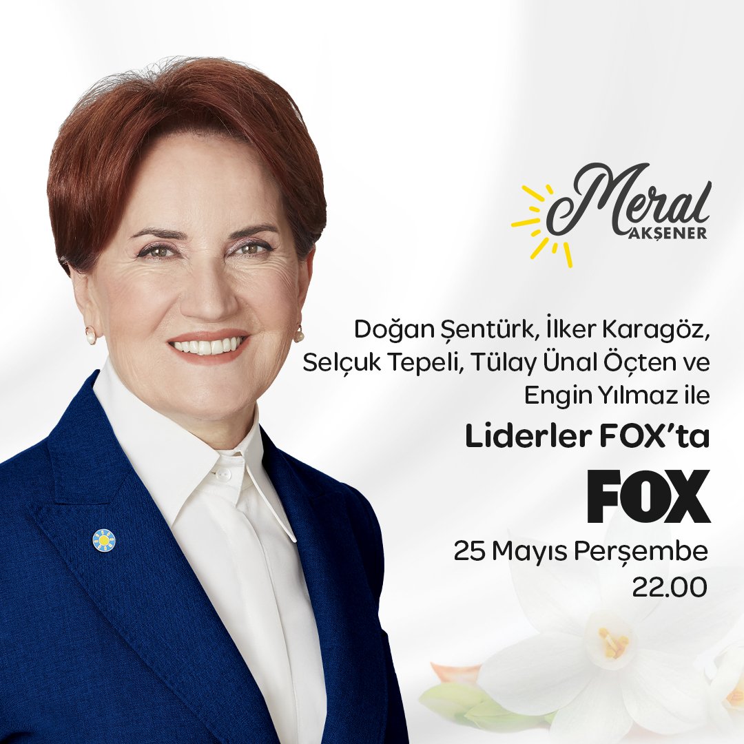 meral_aksener's tweet photo. 🗓️ 25 Mayıs Perşembe (bugün)  
🕙 22:00’de,
📺 Fox Tv ekranlarında İlker Karagöz’ün sorularını yanıtlayacağım.  

Gündeme dair konu başlıklarını konuşacağız… https://t.co/lXv8QQi5LH