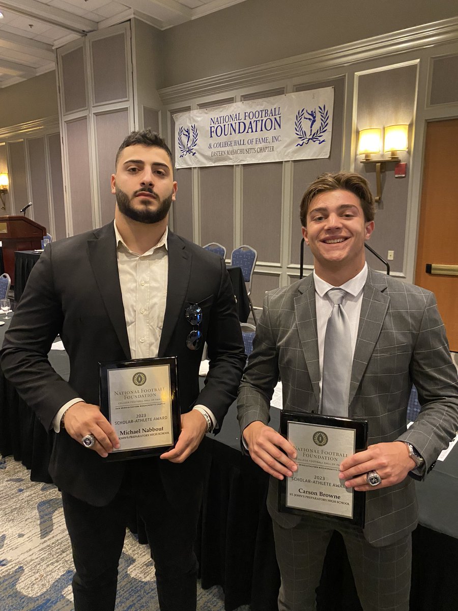 Congratulations @CarsonBrowne2 and @NabboutMichael ! Just a few St. John’s Prep Team #116 members picking up more hardware for their work on the field and in the classroom. Both named National Football Foundation Jack Grinold Scholar-Athlete winners for 2023 ! Go Eagles 🦅