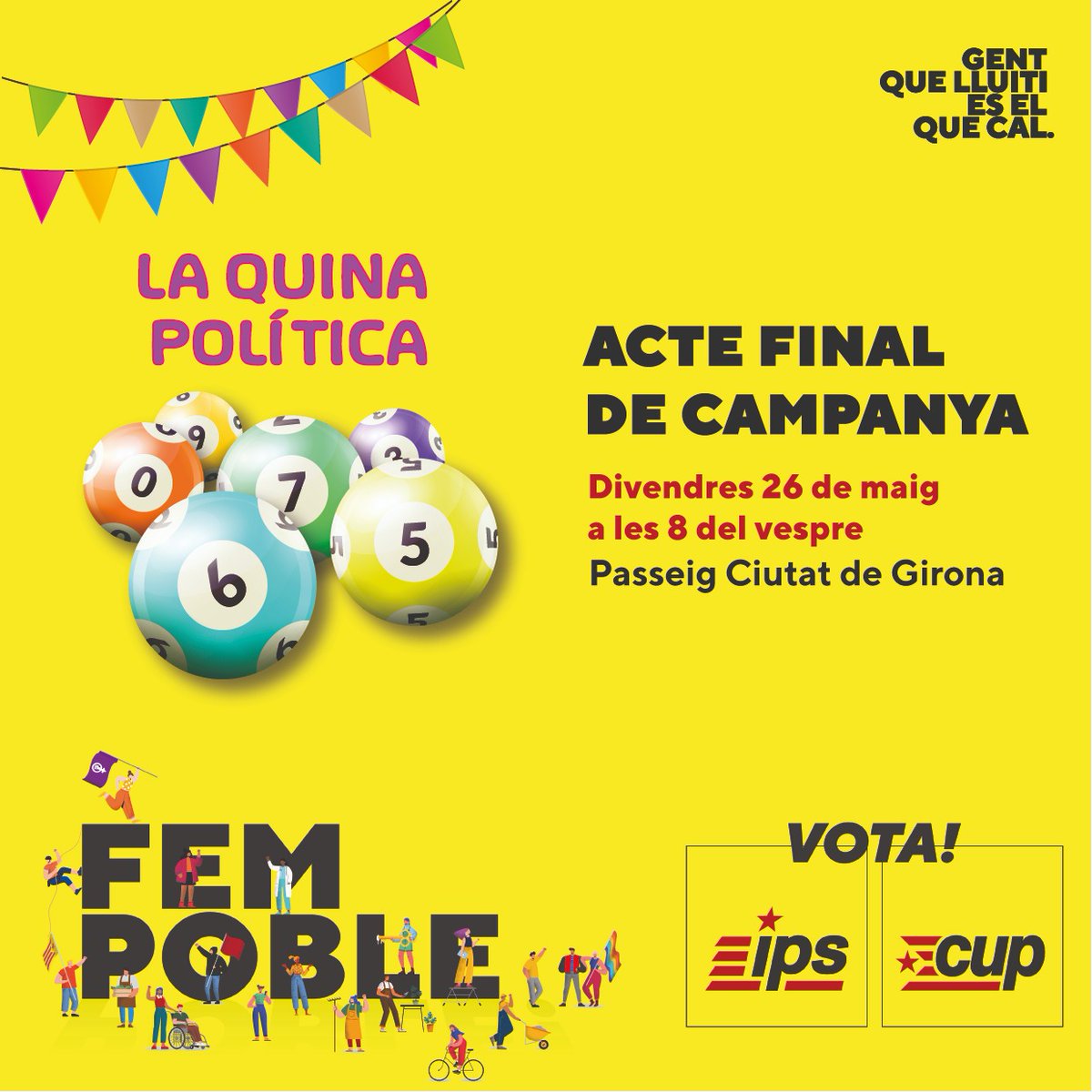 ipssalt's tweet photo. ACTE FINAL DE CAMPANYA!

📢 Vols conèixer el nostre programa electoral i curiositats del municipi mentre juguem a una quina? Acompanyeu-nos-hi tot tancant la campanya electoral! Us hi esperem!

#CrisAlcaldessa #FemPoble - VOTA IPS-CUP! https://t.co/nOx99YxnoT