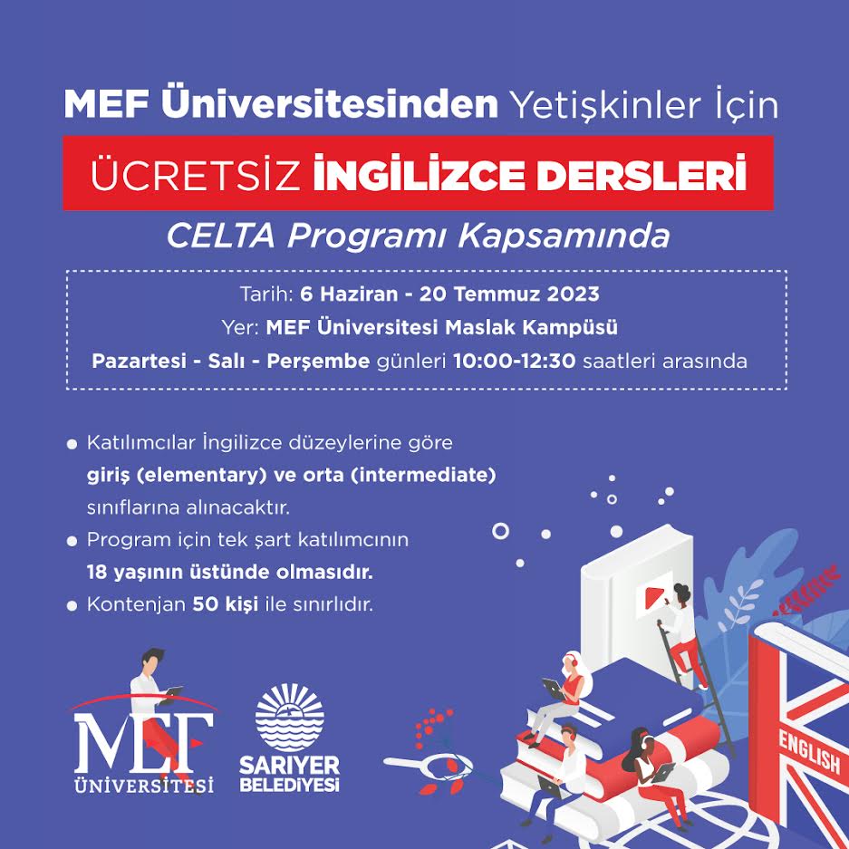 SariyerBelediye's tweet photo. 📢 MEF Üniversitesi'nden yetişkinler için ücretsiz İngilizce dersleri
Kayıt oluşturmak için: https://t.co/dYbt80i6g9 https://t.co/B3VXMuwSdv