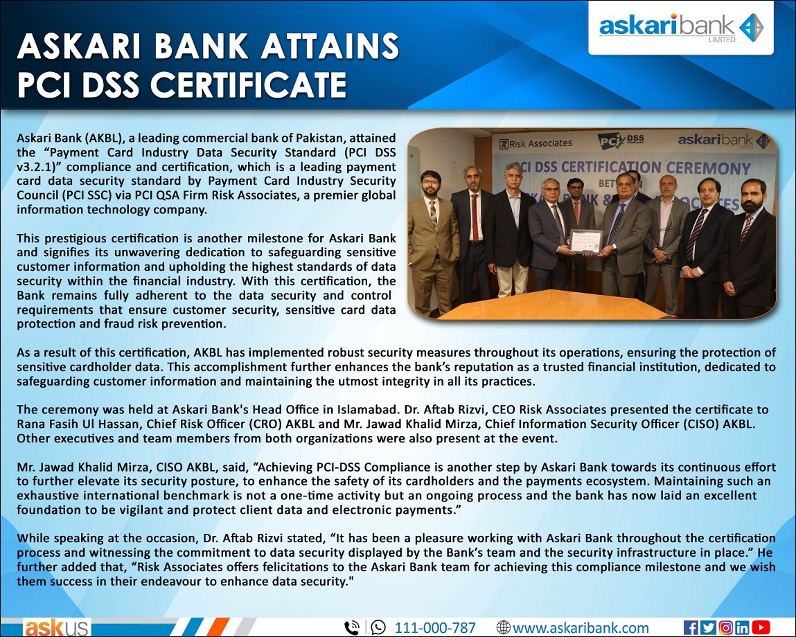 Askari Bank Attains PCI DSS Certificate

#AskariBank #RiskAssociates #PCIDSS #InformationSecurity #CyberSecurity