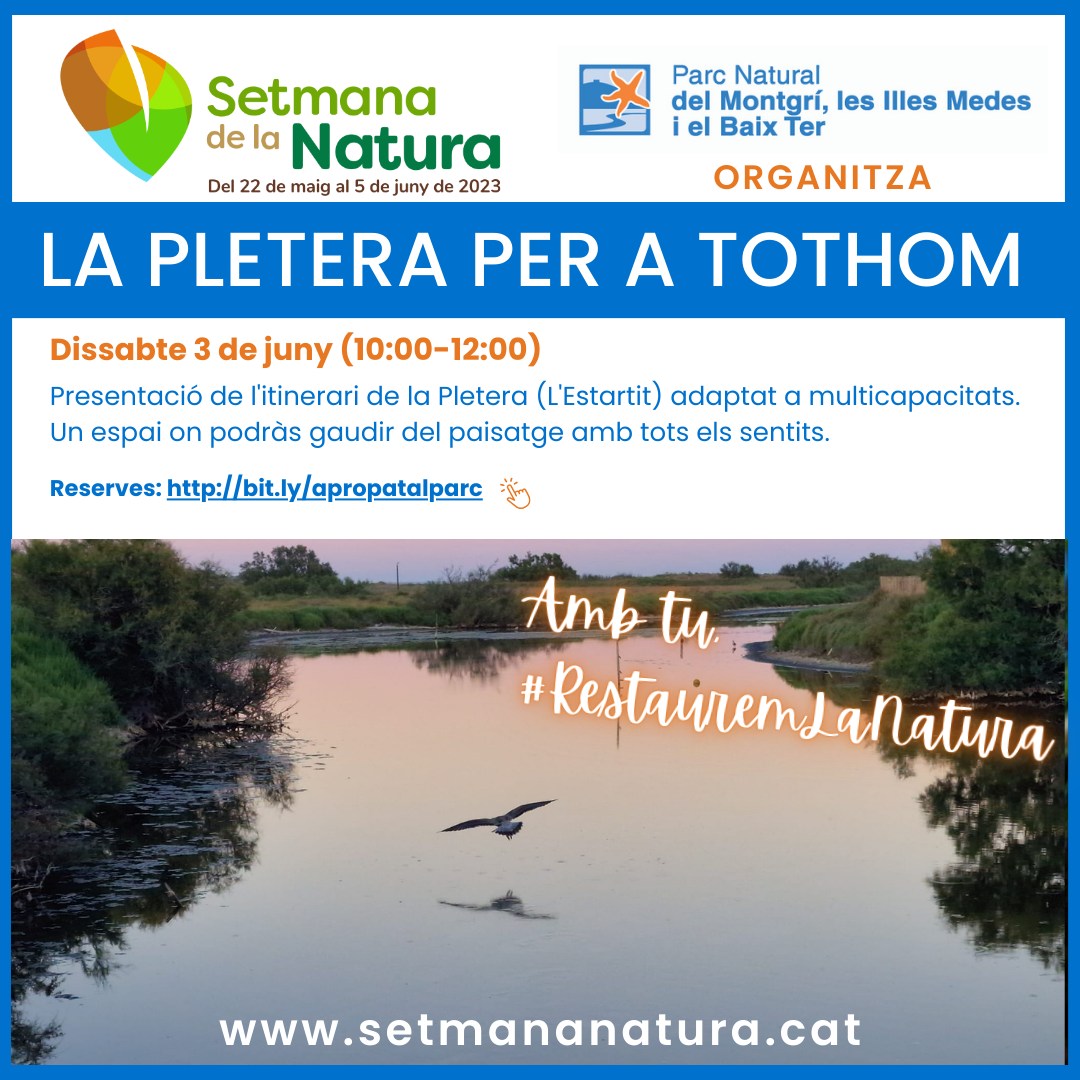 LifePletera's tweet photo. 👉La Pletera per a tothom
ℹ️Presentació de l'itinerari de la Pletera (L'Estartit) adaptat a multicapacitats 👩‍🦽👨‍🦯🧍‍♀️. 
👉Un espai on es podrà gaudir del paisatge amb tots els sentits.
📅Dissabte 3 de juny (10:00-12:00)
📧Reserves: https://t.co/1RslcJdrp5 https://t.co/yyGQ71OkgX