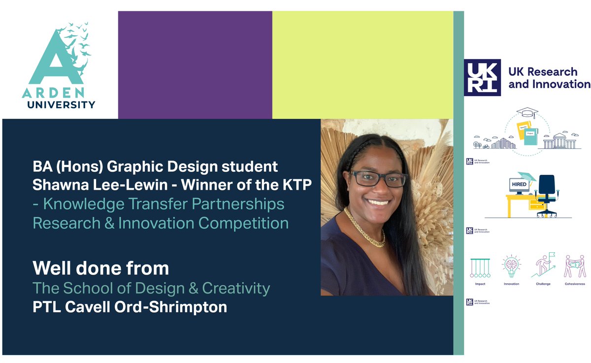 BA (Hons) Graphic Design student, Shawna Lee-Lewin won the KTP, UK Research and Innovation Competition in conjunction with Arden University. We are extremely proud of Shawna, Congratulations from PTL Cavell Ord-Shrimpton #students #ArdenUniGraphic #InnovateUK #ArdenUniversity