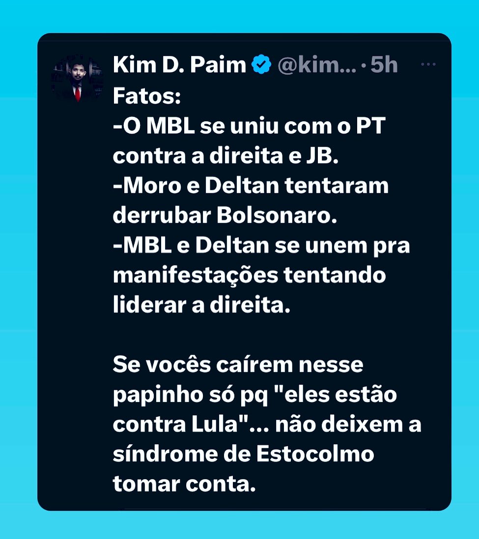 allandospanos's tweet photo. Quando vocês vão perceber que o bolsonarismo precisa chegar ao fim?

Vão esperar que eles sabotem e causem destruição em uma manifestação, a fim de colocar cada um de vocês na cadeia?

O que o Kim Paim está fazendo é com AVAL de Bolsonaro. Conferiram os comentários, o Carluxo está presente.

Compreendam de uma vez por todas: O cabo eleitoral do PT não permitirá nenhuma manifestação que não seja para adorá-lo.

Ele deseja retornar ao poder para buscar vingança. Mas vocês afirmam que ele está politicamente derrotado e se tornou alguém benigno.

Vocês se esqueceram de tudo o que ele fez nos últimos 4 anos, mas ele não esqueceu de nenhum de vocês.

E os nomes dos primeiros da fila estão visíveis, mas continuem fingindo-se de cegos em busca de aprovação dos bolsonaristas.