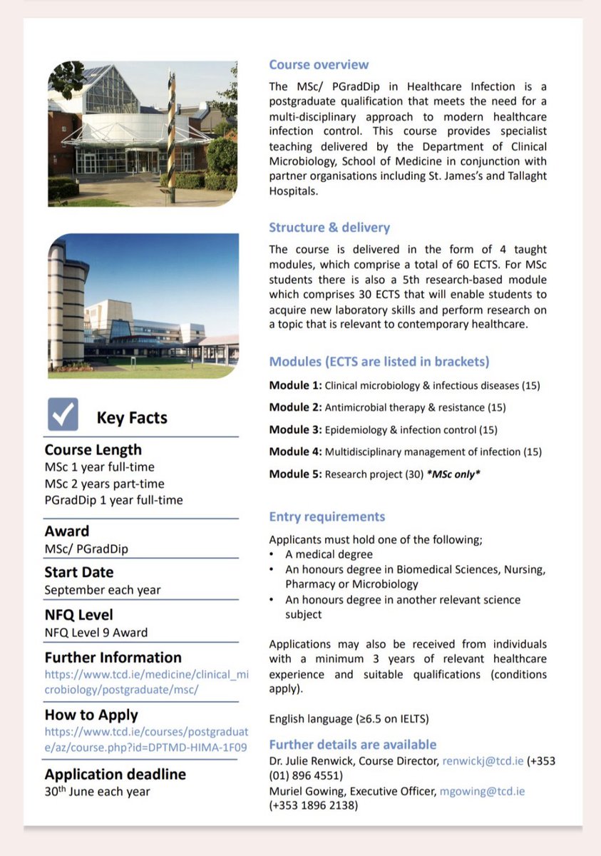 MSc/PGradDip in Healthcare Infection, TCD. Applications are still open for anyone until the end of June. For more info check out tcd.ie/medicine/clini…
<a href="/TCDClSkills/">Clinical Skills TCD</a> <a href="/ClinMicroTCD/">Clinical Microbiology, Trinity College Dublin</a> <a href="/iscm_micro/">Irish Society of Clinical Microbiologists</a> <a href="/hpscireland/">HSE Health Protection Surveillance Centre (HPSC)</a>