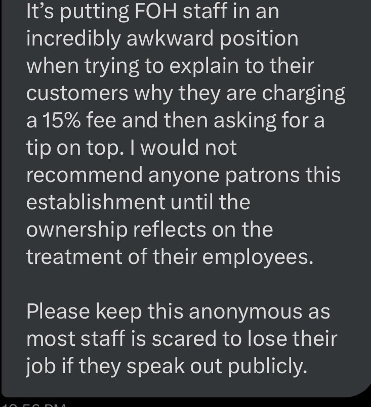 From the DMs. 

Treatment of service charges like this isn’t unusual, and I don’t know rules on shift meals and the like at other spots but sharing with you for anyone else to provide context