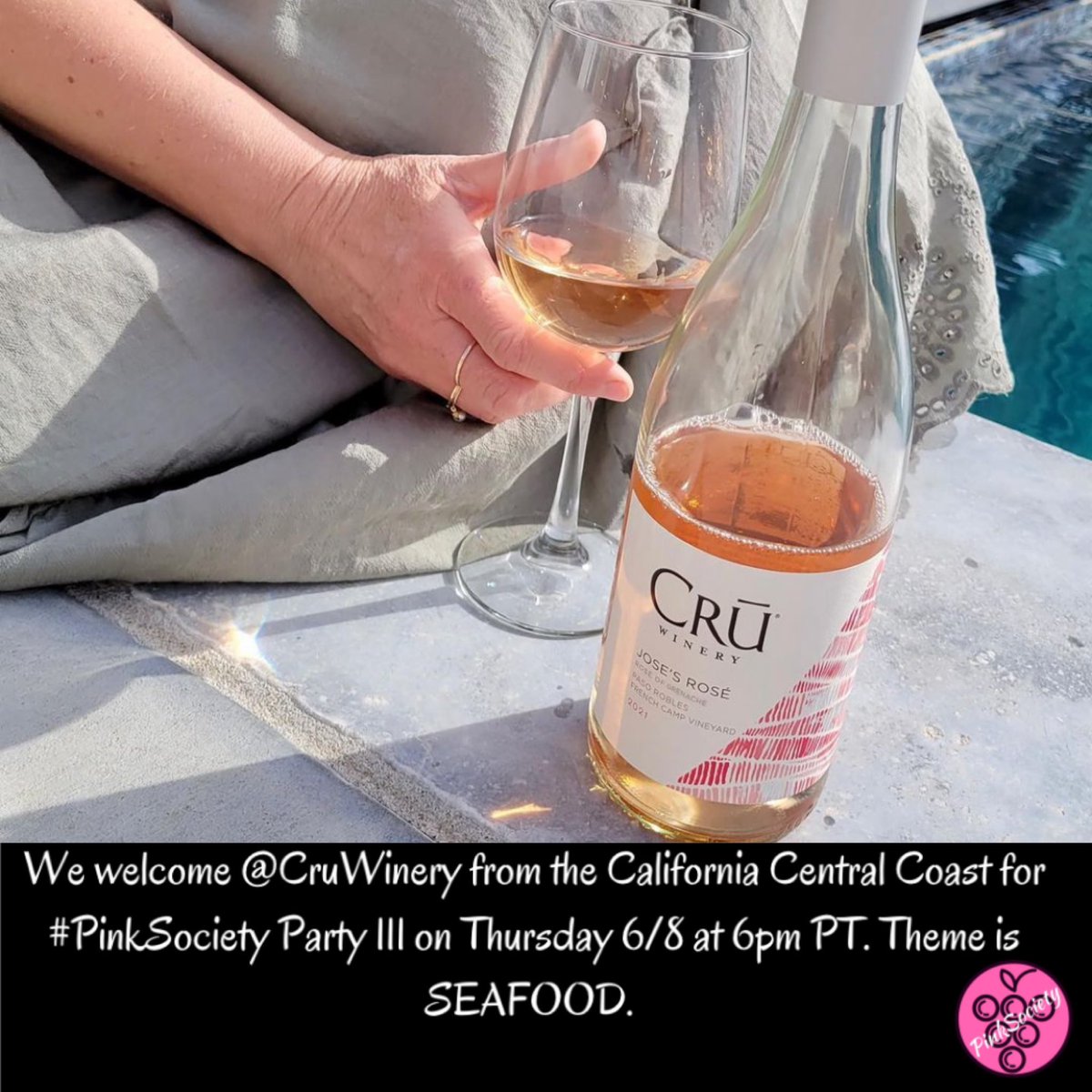 We are all full up if Seafood photos, thanks to everyone who submitted one. We welcome @CruWinery from the California Central Coast for #PinkSociety Party 111 on Thursday 6/8 at 6pm PT. Theme is SEAFOOD. @boozychef @jflorez @winedivaa @WineCheeseFri @RedWineCats @WineOnTheDime