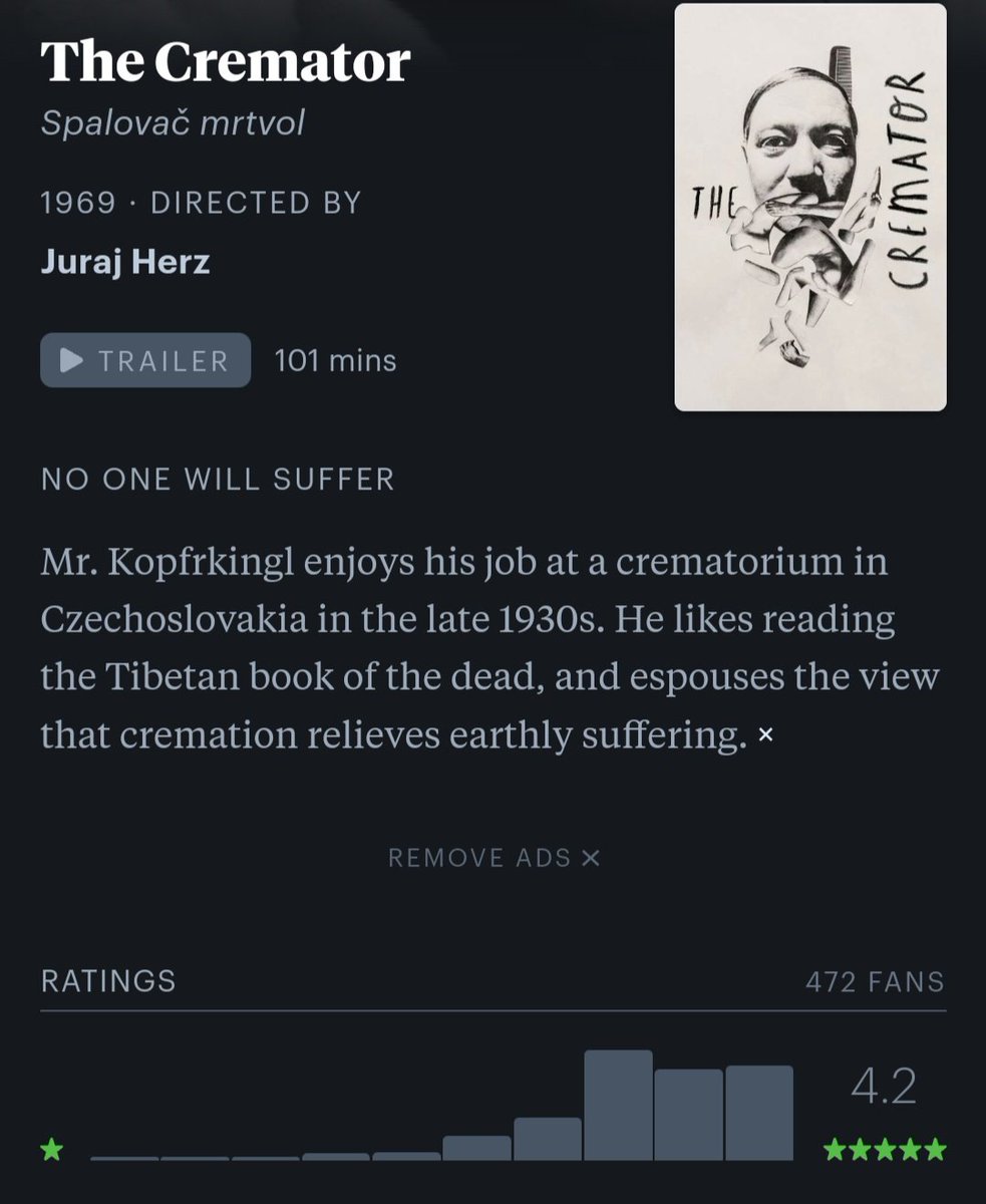 Hi, do you like psychological horror movies with a deranged megalomaniac as the center of the film? Well, I present you with this: The Cremator.

Now go watch it (preferably with the original Czech dub)