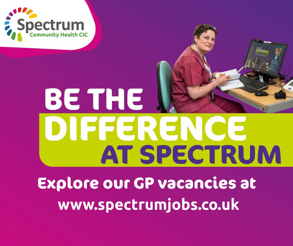 🩺 We have a variety of GP roles available at Spectrum! Whether in a sexual health clinic, prison or GP practice, working for Spectrum allows you to Be The Difference in healthcare. More info/apply at: bit.ly/45rM73y #nhs #nhsjobs #gpjobs #healthcare #healthcarejobs