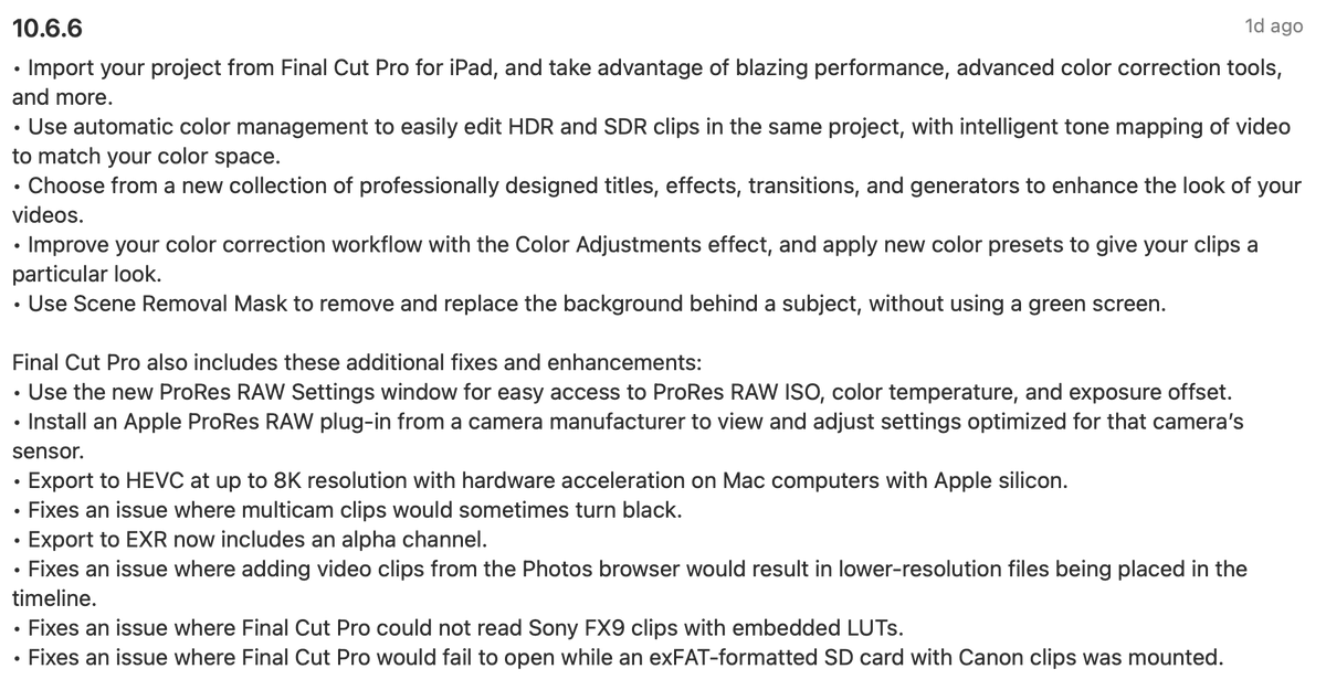 Always_clicking's tweet photo. For all those Final Cut Pro users who are disappointed that they can't run the mobile version since they don't have a iPad Pro and were drooling about the new mobile features....They put many of those cool features in the new update of FCPX.  Released 5/24/23 @appleedu #appleade https://t.co/N60o2dc2LT