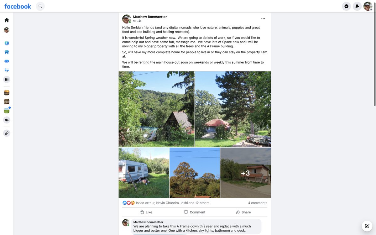 MLBinWA's tweet photo. Hello Serbian friends (and any digital nomads who loves nature, animals, puppies, art, blockchain, great food, eco building and healing retreats etc...).

It is wonderful Spring weather now.  We are going to do lots of work, so if you would like to come help out and have some fun, message me.  We have lots of Space now and I will be moving to my bigger property with all the trees and the A Frame building.

So, will have my more complete home for people to live in or they can stay on the property I am at.

We will be renting the main house out soon on weekends or weekly this summer from time to time unless lots of people come to have fun and work building something I first started almost 24 years ago.