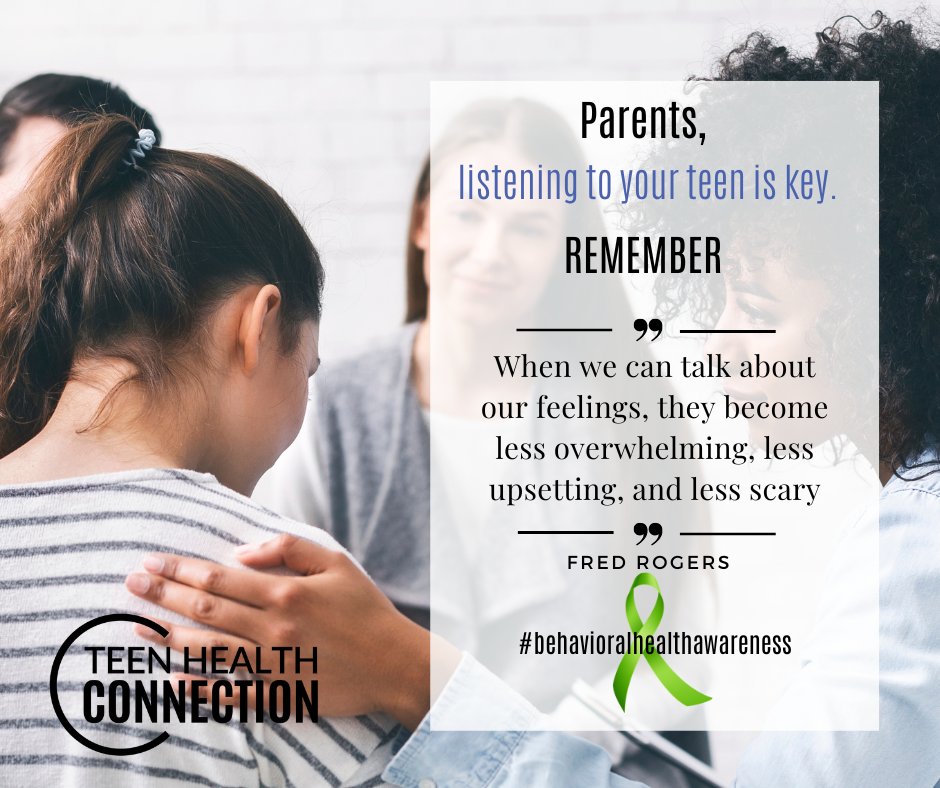TeenHealthConne's tweet photo. Teens are more willing to talk to parents who are good listeners. Good listening involves trying to see things from your child's perspective. #BehavioralHealthAwarenessMonth #BreakTheStigma #TeenHealthConnection #ParentingTeens https://t.co/9xRbmd8tt0