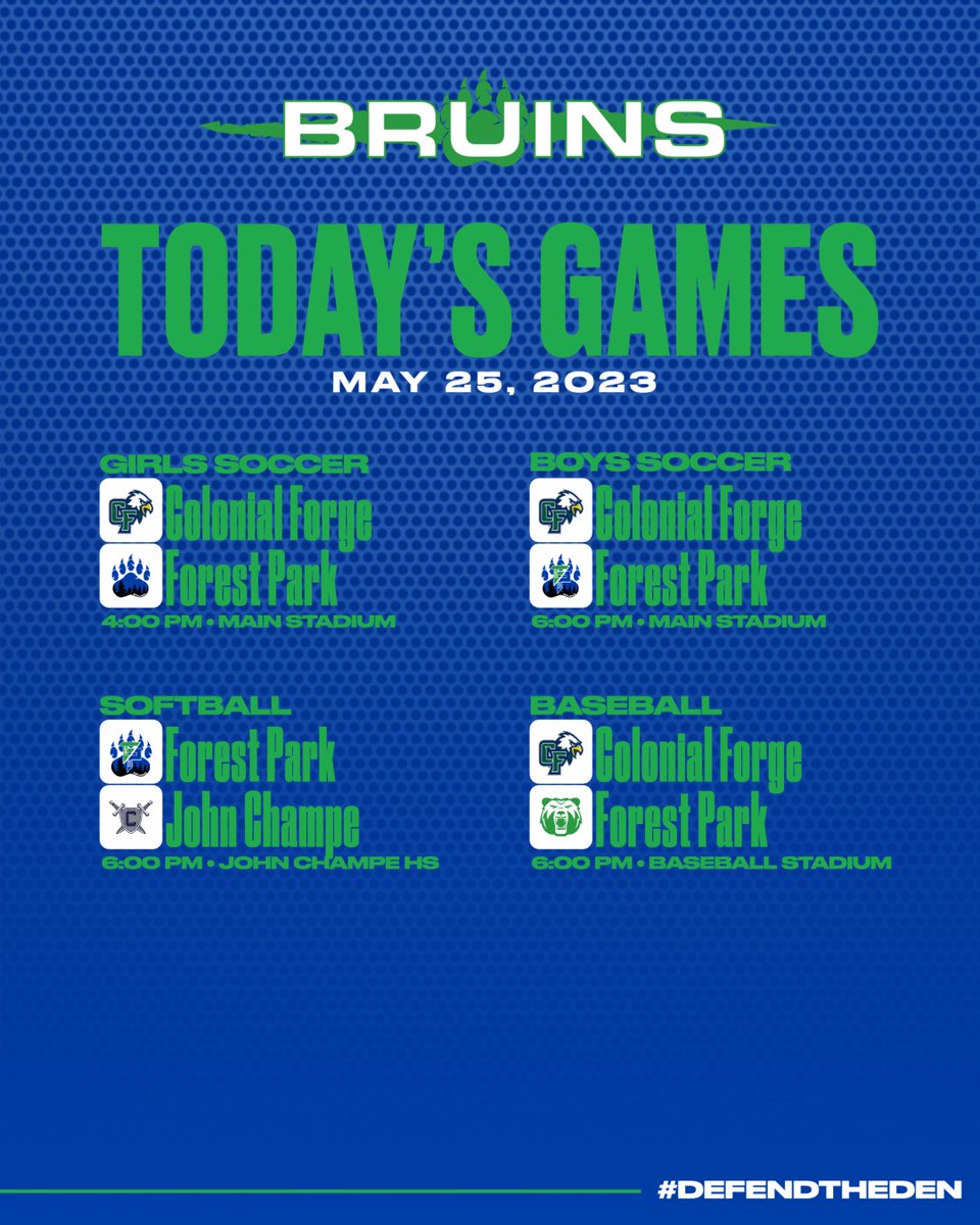 REGIONAL GAMEDAY: <a href="/BaseballFPBruin/">Forest Park Baseball</a> <a href="/FPHSBoysSoccer/">Forest Park Boys Soccer</a> <a href="/FPBruins/">Forest Park Softball</a>

🎟️: spicket.events/go-vhsl6b

📺: bit.ly/FPHSStream

#DefendTheDen <a href="/FPHSBruins/">Principal Martinez</a> <a href="/BrickerTheBruin/">Bricker</a> @FPGreenGoonies @TheDenHypeSquad