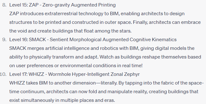 nicocatellier's tweet photo. I asked ChatGPT to come up with 10 new BIM dimensions.

There are some great ideas in there! I'll take the WHIZZ. https://t.co/Leoh4kabG0