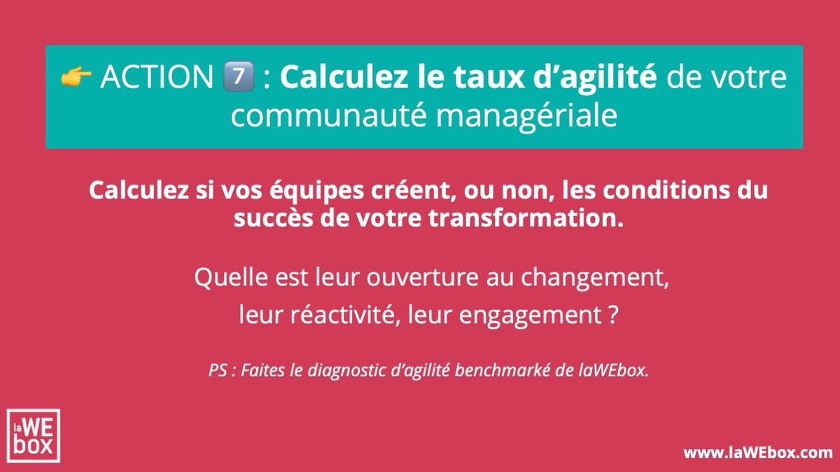 Vous avez besoin de rester compétitif ?
lever les freins du changement, le désengagement, gagner en agilité ? 📣 Voici 4 des 7 actions #laWebox pour mettre toutes vos chances de votre côté.

Besoin plus d'informations : onVOUSecoute@laWEbox.com

#Compétitif
#management
#agilité