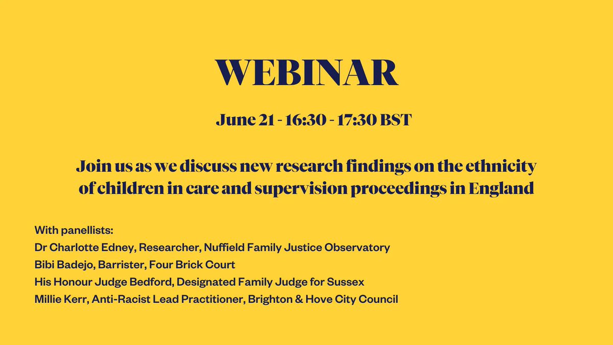 🗓️ WEBINAR - 21 JUNE 

Register now for this webinar where Dr Charlotte Edney, Researcher at Nuffield Family Justice Observatory, will present new research findings on the ethnicity of children in care and supervision proceedings in England 

REGISTER: nuffieldfjo.org.uk/events/webinar…