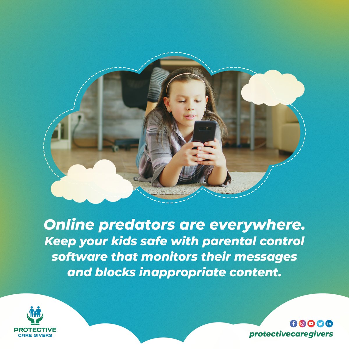 'Online predators are everywhere. Keep your kids safe with parental control software that monitors their messages and blocks inappropriate content.

 #parentalcontrol  #onlinesafety #protectyourfamily'