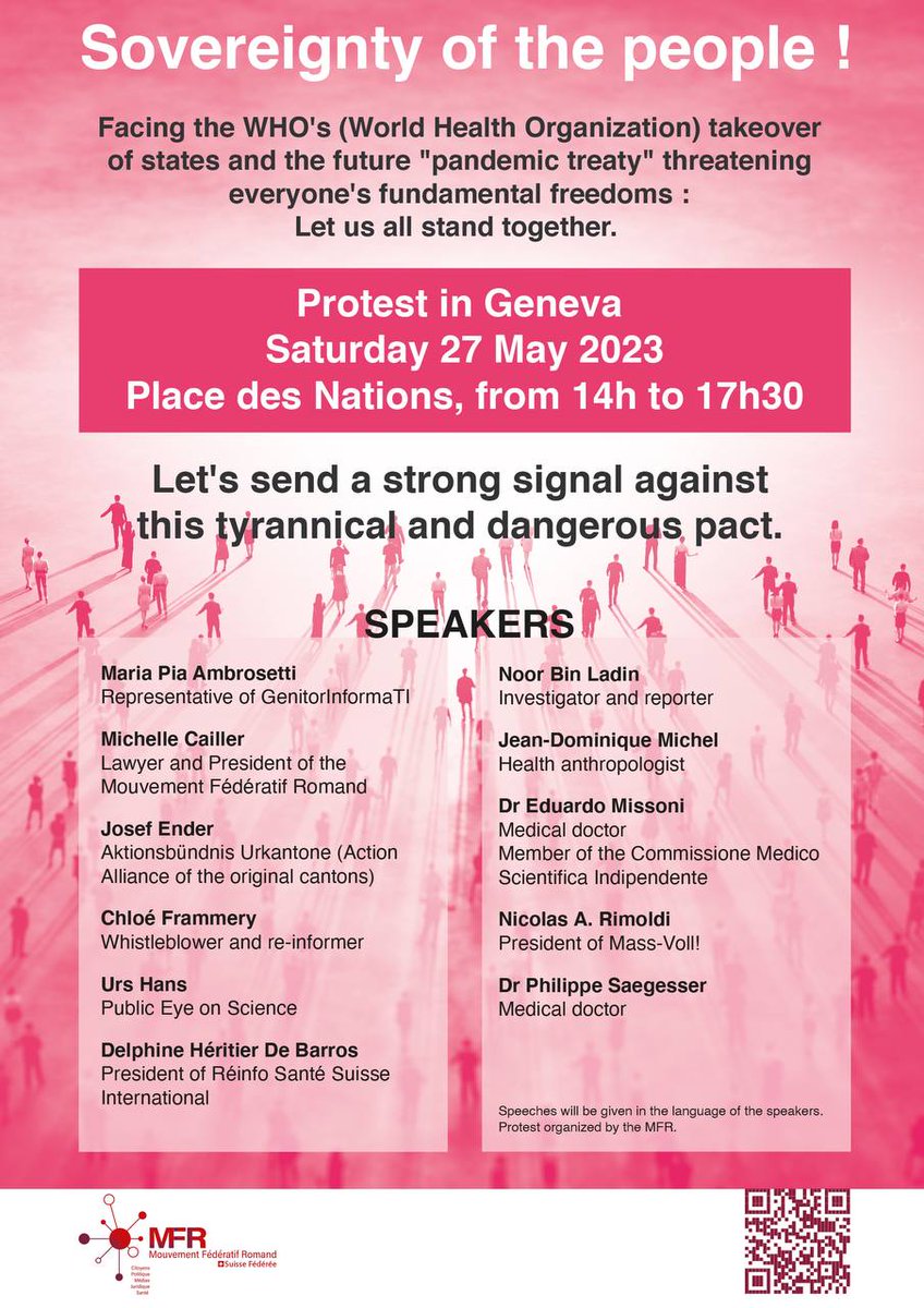 People are fighting back the WHO in Switzerland!

Join us this Saturday May 27, in front of the United Nations HQ in Geneva to protest the WHO's power grab and to stand for the sovereignty of our nations.

Organized by freedom fighter @Michell38620371 of mouvement-federatif-romand.ch