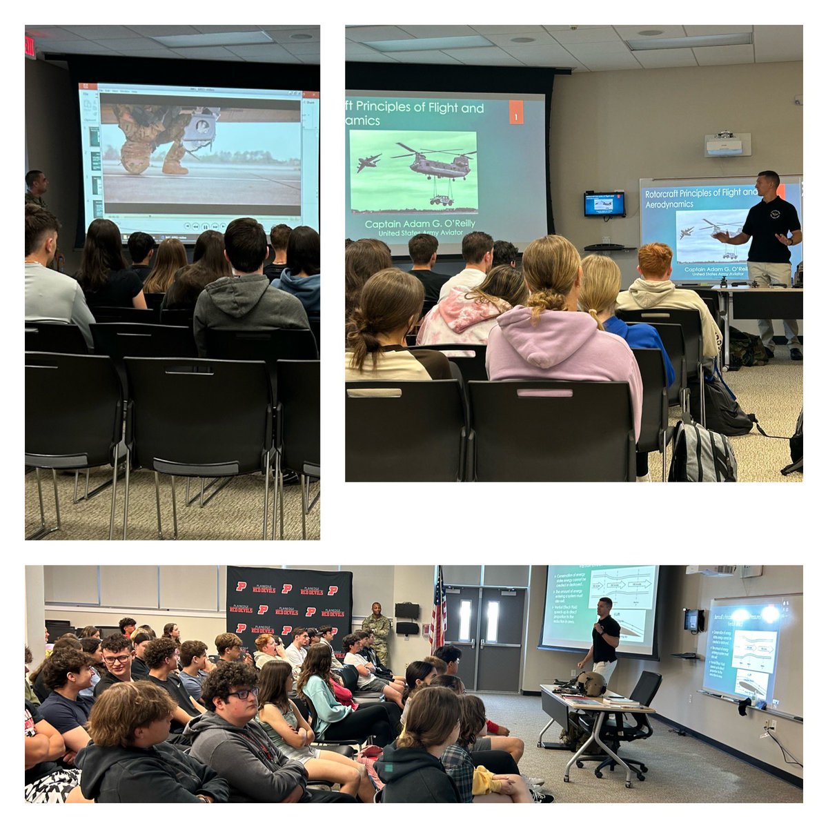 The PHS physics department invited US Army Captain Adam O’Reilly to share his experience as a Chinook Helicopter Pilot to physics and engineering students. He explain the physics involved with operating the helicopter and discussed the Apache helicopter as well.