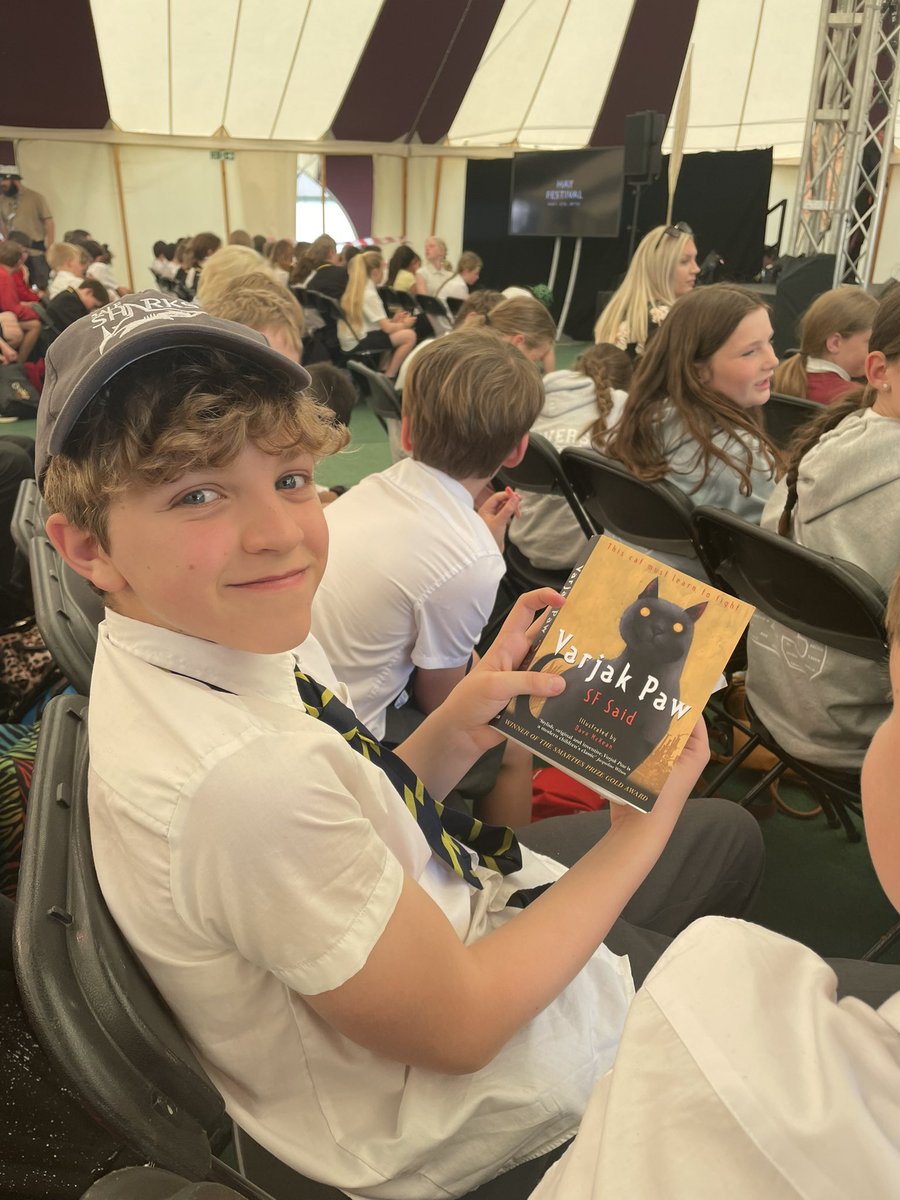 Ready for our final author event of the day with <a href="/whatSFSaid/">SF Said</a> Even reading his book whilst we are waiting! <a href="/hayfestival/">Hay Festival</a> #gorseyparliament #gorseybookclub