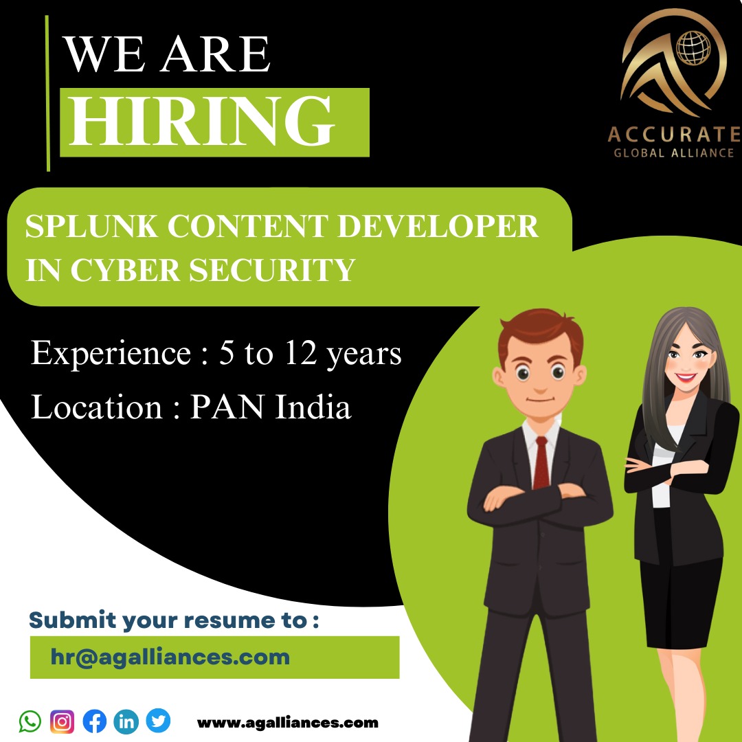 AGalliances's tweet photo. ***Splunk content Developer***
Experience: 5 to 12 years
Location : PAN India
Send your cv at  cv@agaiances.com
.
.

#accurateglobalalliances #aga #share #comment #cv #jobs #content #experiencedcandidates #experiencerequired #experience #PanIndia  #jobsforyou https://t.co/8Rlb4cMIzQ