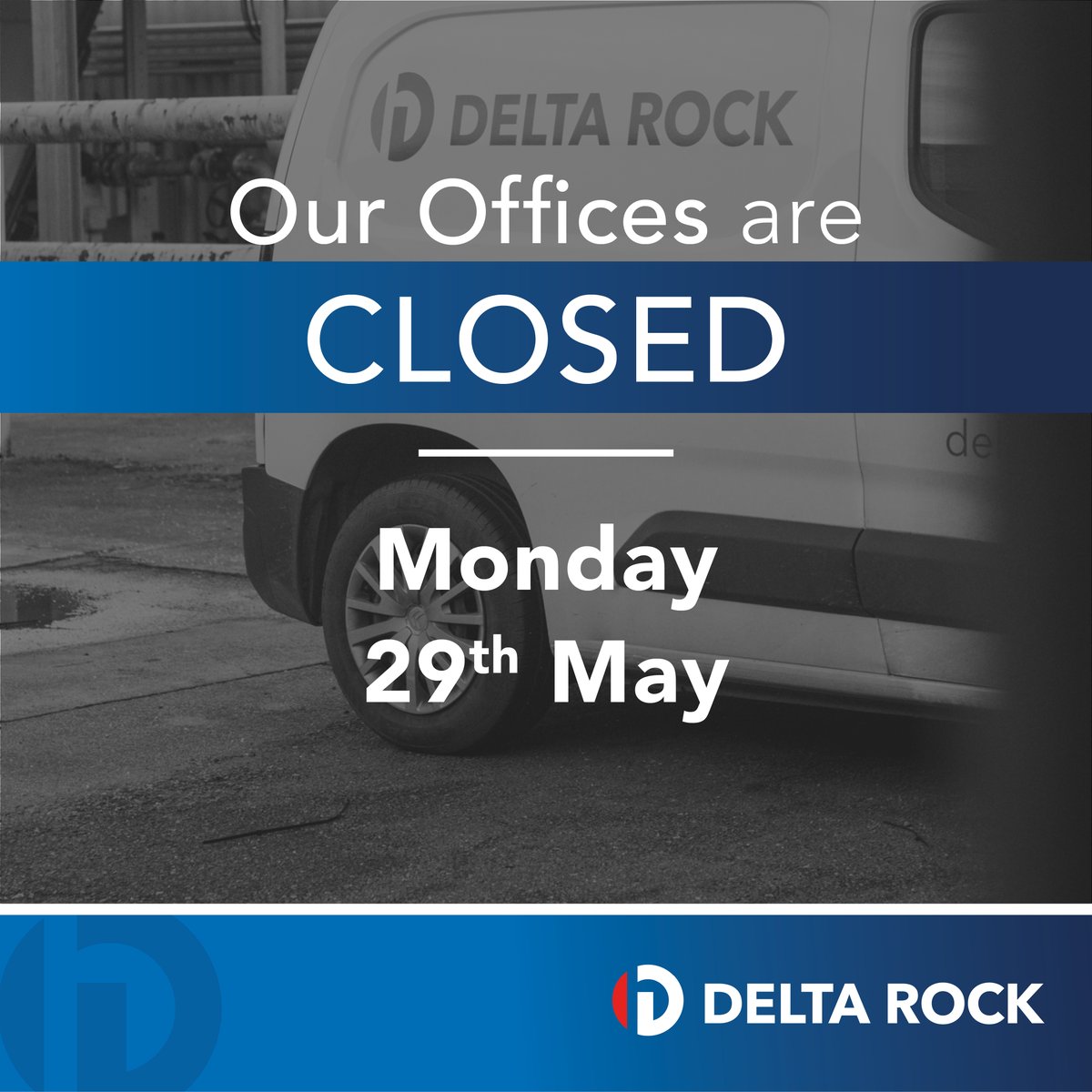 Delta Rock Group's offices will be closed Monday, 29th May, for the Bank Holiday.  We hope you enjoy your break. 
deltarock.co.uk
#deltarockgroup #bankholiday #monday