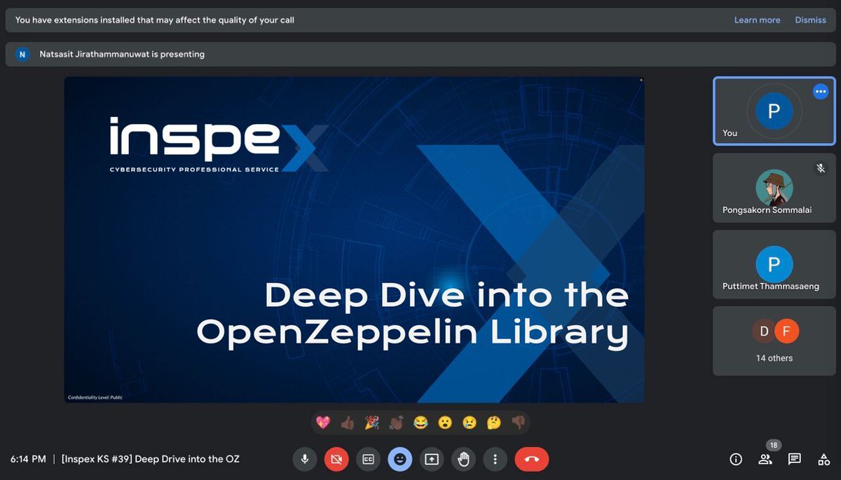 InspexCo's tweet photo. Inspex Internal Knowledge Sharing #39 in the topic “Deep Dive into the OpenZeppelin Library” Thank you Mr. Natsasit Jirathammanuwat for sharing this knowledge. #Inspex #KnowledgeSharing #OpenZeppelin #Blockchain #Security #BlockchainSecurity https://t.co/4yMTjd9iwg