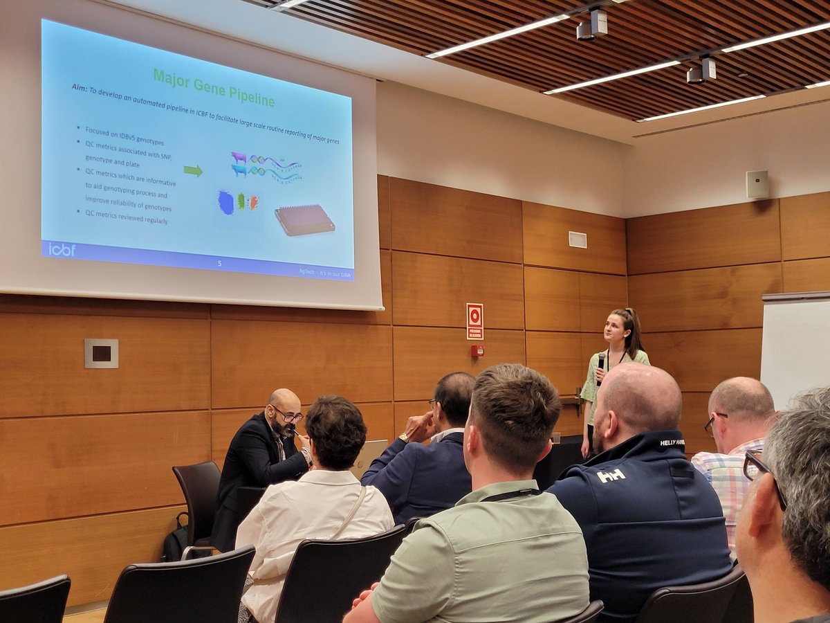 Dr Katie Quigley from our genetics team presenting today: "Development of an automated quality control pipeline to facilitate the reporting of major gene genotypes". Some fantastic information being shared at the <a href="/ICAR_Committee/">ICAR.Official</a> conference in Spain this year