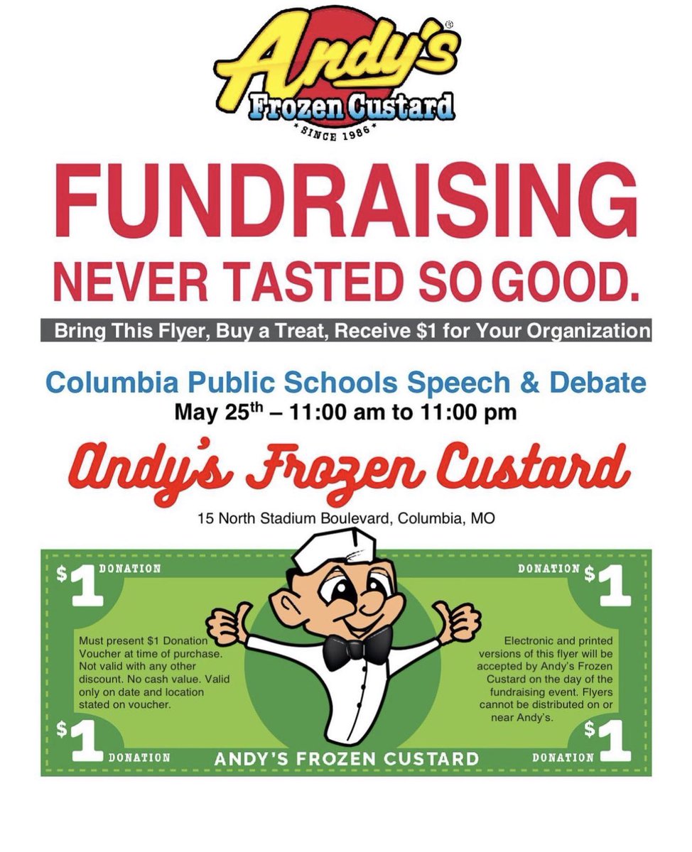 Swing by the Andy’s on Stadium and #treatyoself to some frozen custard TODAY! Show this flier at check out, and $1 of your purchase goes to @CpSdb8. Win-win, am I right?!