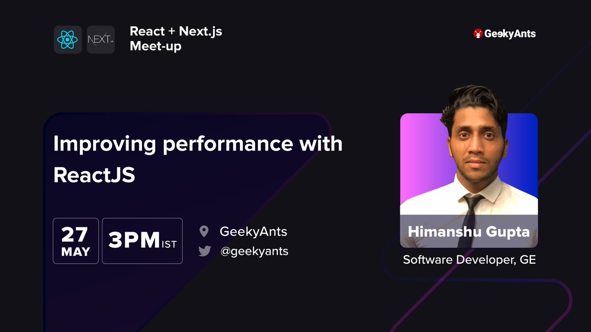 geekyants's tweet photo. The 2nd speaker is Himanshu Gupta, SE, @generalelectric. He will talk about the various small things that ensure that the React.js app is performant.

Are you excited about this talk? 

Register here to join -  https://t.co/cbHzENEKh7

#ReactNextJsMeetup #GeekyAnts https://t.co/88K5UnLnxp