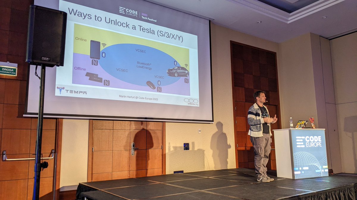 kevindubois's tweet image. Learning how to hack a Tesla 😎 @mherfurt #CodeEurope23 #CE
