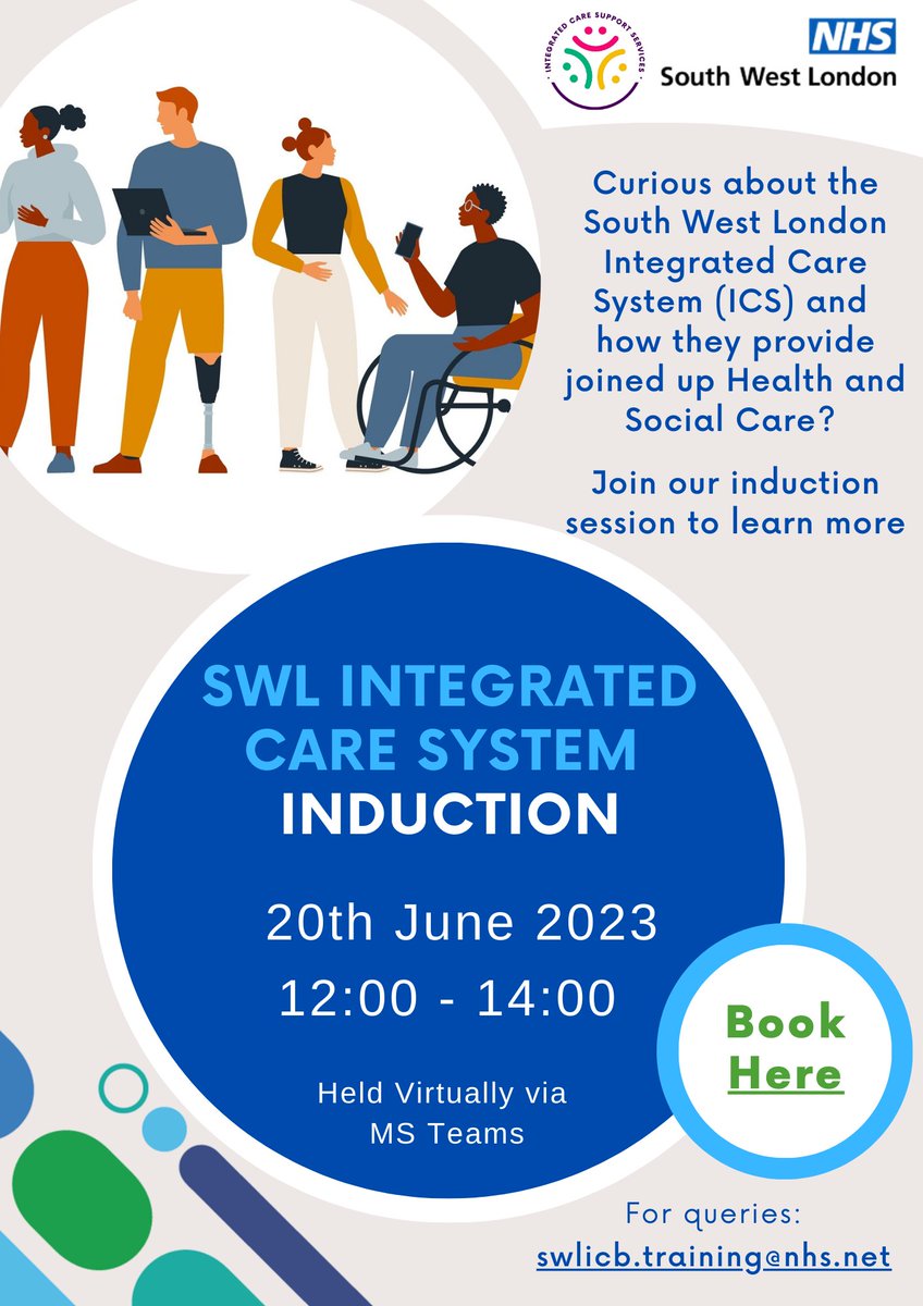 ICB_Support's tweet image. Ever wondered who the SWL #IntegratedCareSystem is and what they do? 
Come and join our induction session, to learn more.
20th June - 12-2pm
Book here:
integratedcaresupport.com/training

#integratedcare #INTs #systempartners #SWL #socialcare #nhs
@SWLNHS