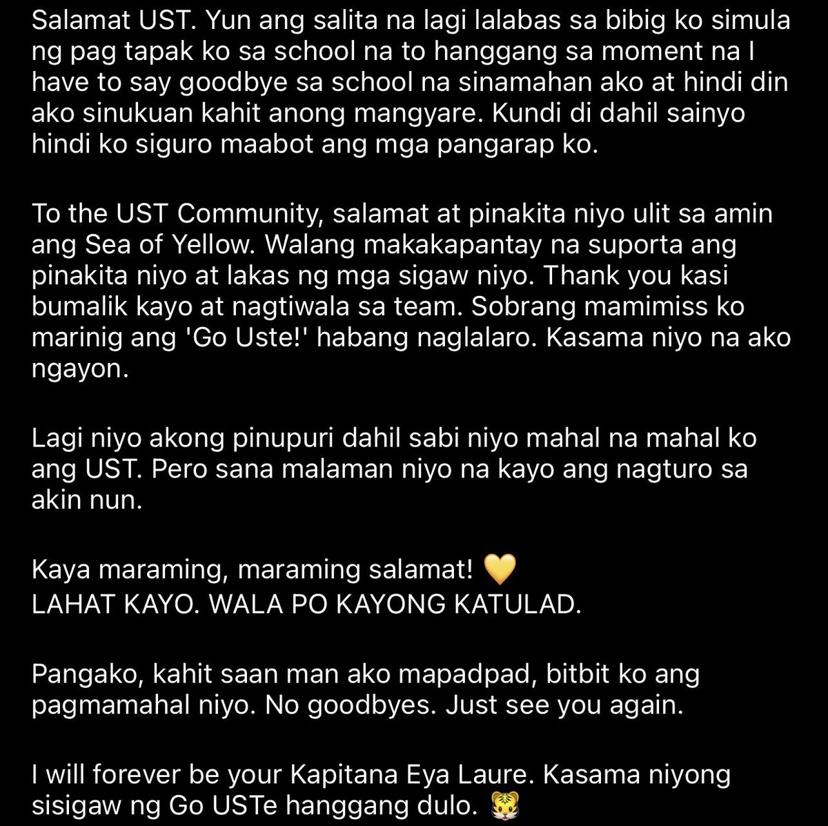 Eya Laure says goodbye to UST after 12 years. 💛

MARAMING SALAMAT, KAPITANA.

Forever our QUEEN TIGRESS. @eyalaureee