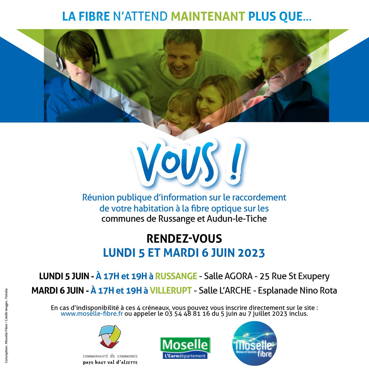 📢Russangeois ! Audunois ! La fibre 
s’invite chez vous ! 🚀
<a href="/MoselleFibre/">Moselle Fibre</a> et <a href="/Mos_Numerique/">Moselle Numérique</a> vous accueillent sur 4 créneaux : 
🗓 le 5 juin à RUSSANGE à 17h00 et 19h00
🗓le 6 juin à VILLERUPT  à 17h00 et 19h00
<a href="/OrangeGrandEst/">Orange Grand Est</a> <a href="/SFR/">SFR</a> <a href="/bouyguestelecom/">Bouygues Telecom</a> <a href="/Free_GrandEst/">Free-Grand Est</a>
