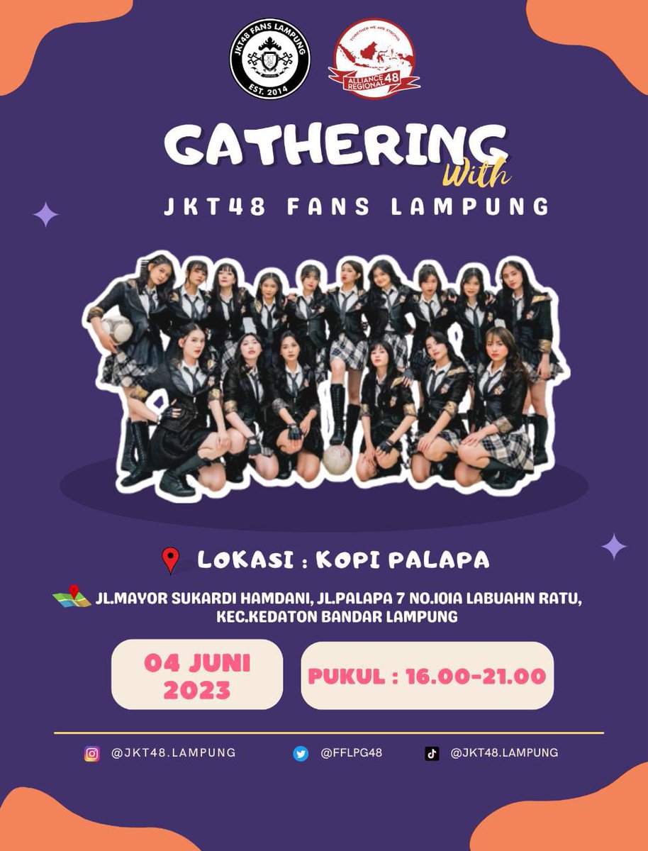 JKT48_Lampung_'s tweet photo. [INFO GATHERING📢] 

🗓️ : Minggu, 04 juni 2023
🕒 : 16.00 WIB - Selesai
📍 : Kopi palapa
JL. Mayor Sukardi Hamdani,JL. Palapa7 no.101A, labuhan ratu, kec.kedaton Bandar Lampung 

Ditunggu kedatangannya ya semuanyaaaa😉🙌🏻 https://t.co/26iRNBD0Bi