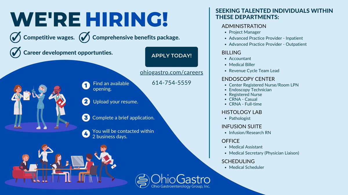 OhioGastro's tweet photo. Ohio Gastro is a growing team of over 400 employees! Scope out our current open positions on our website to learn more and apply. #employment #jobs #hiring #job #jobsearch #recruitment #career #recruiting #nowhiring #ohiogastro #gastroenterology #gastro #columbus #ohio #growth https://t.co/FBBIokK8PB