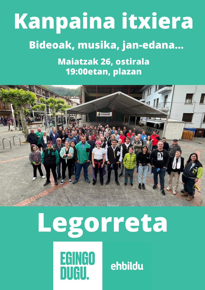 Hauteskunde eguna gain-gainean dugu, eta jai giroan elkartuko gara ostiralean, kanpainari behar bezalako itxiera emateko. 

19:00etan, herriko plazan. Gonbidatuta zaudete! 

Elkarrekin, maite dugun Legorreta #EgingoDugu!