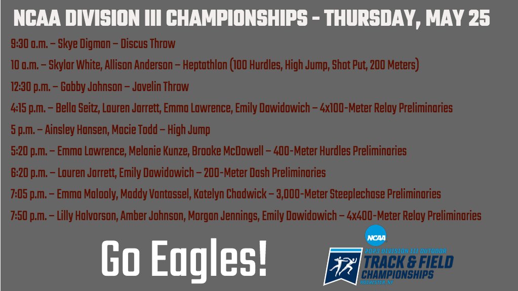 Here we go. <a href="/UWL_WomensTrack/">UWL Womens Track & Field</a> set for the NCAA III Championships in Pittsford, New York. A full day ahead with entries in nine events. Go Eagles! #SoarUWLEagles
💻ncaa.com/liveschedule/2…
📊live.deltatiming.com/meets/20382