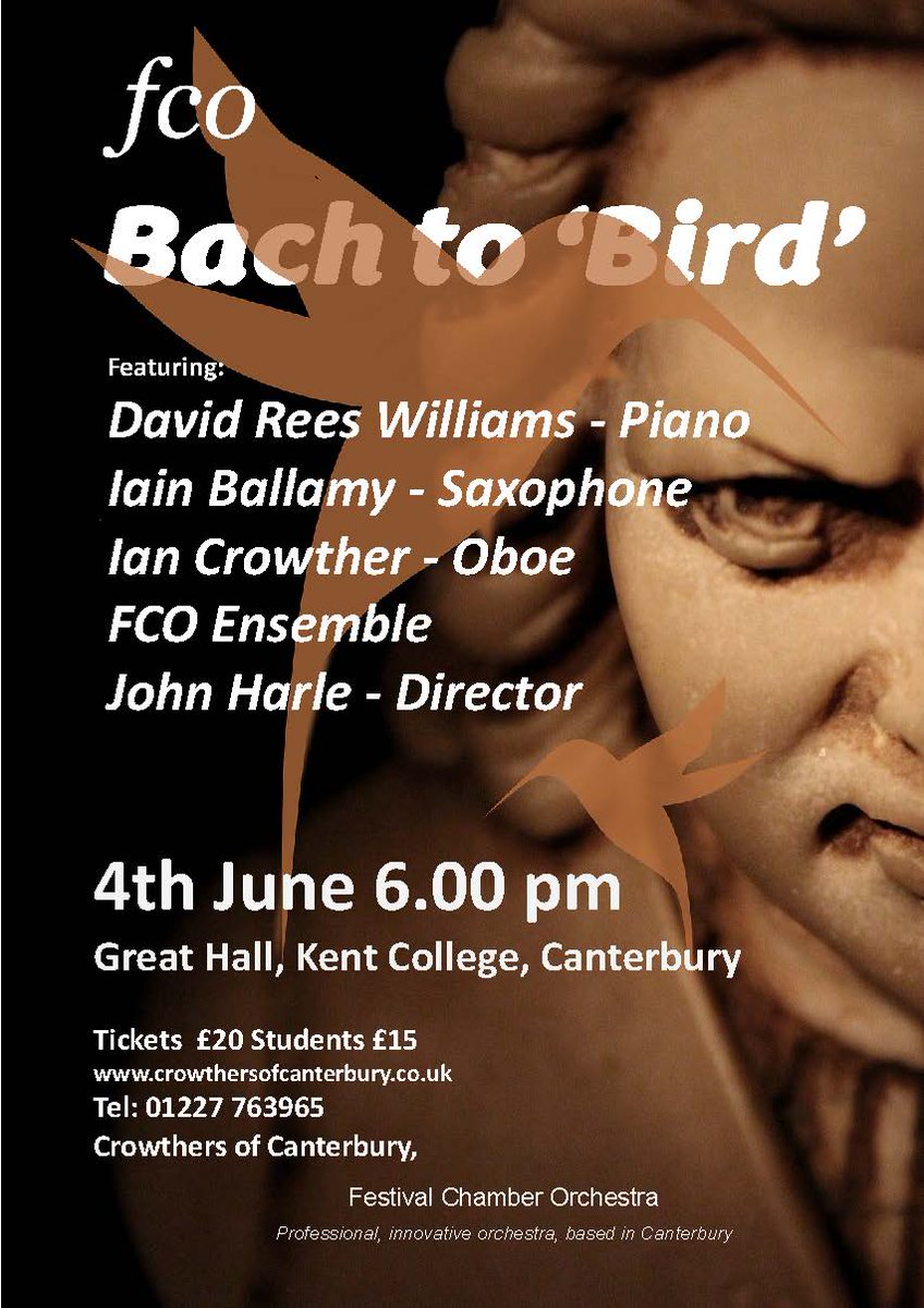 Calling classical and jazz lovers! 

The Festival Chamber Orchestra return next month with Bach to Bird featuring solists David Rees Williams (Piano) Iain Ballamy (Saxophone) Ian Crowther (Oboe d'amore) all directed by John Harle.

Tickets available at: canterburyfestival.co.uk/whats-on/festi…