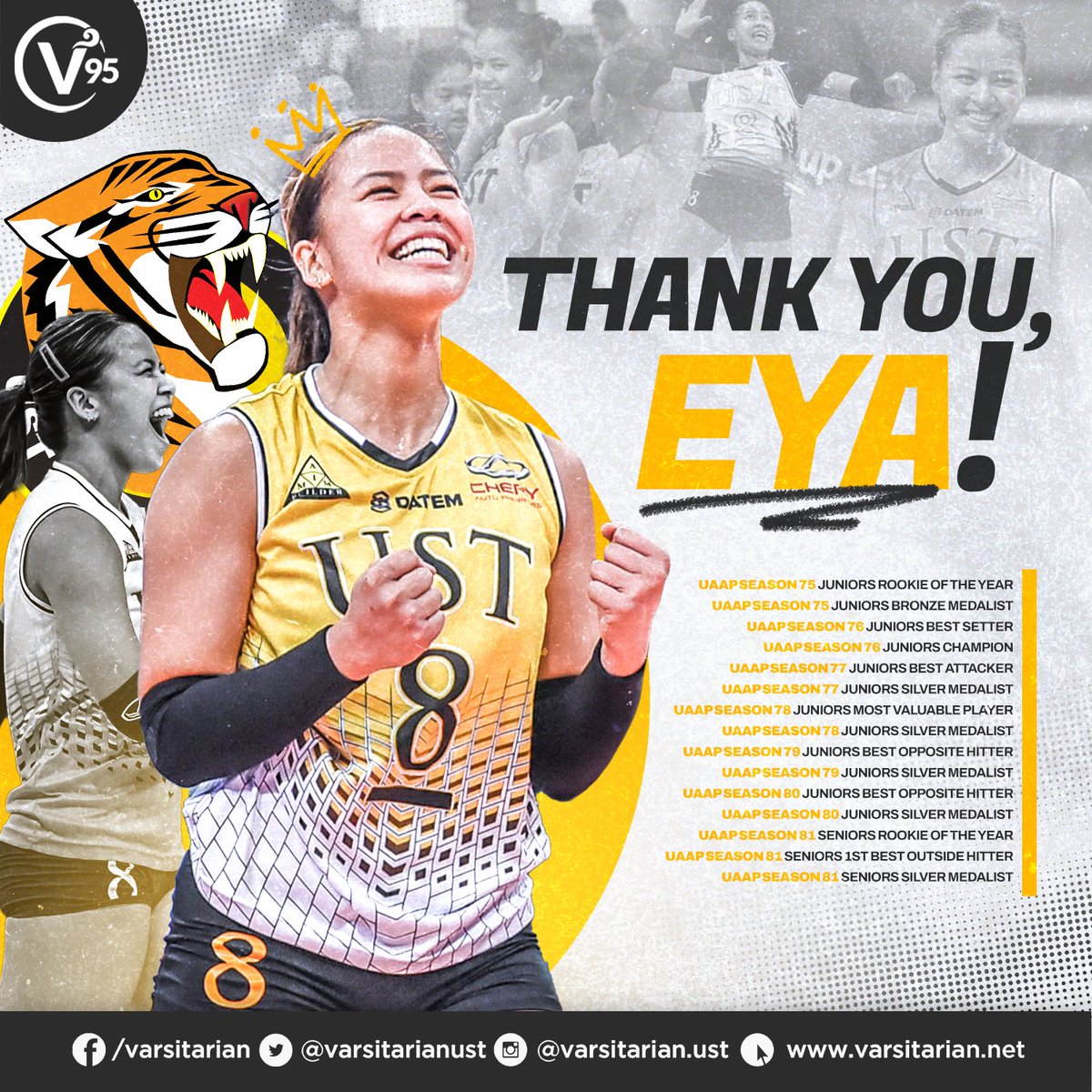 THANK YOU, EYA! 🖤💛

Eya Laure's spectacular run as a UST Golden Tigress has officially ended. The volleyball superstar announced on social media Thursday night that she will turn professional after 12 years in UST.