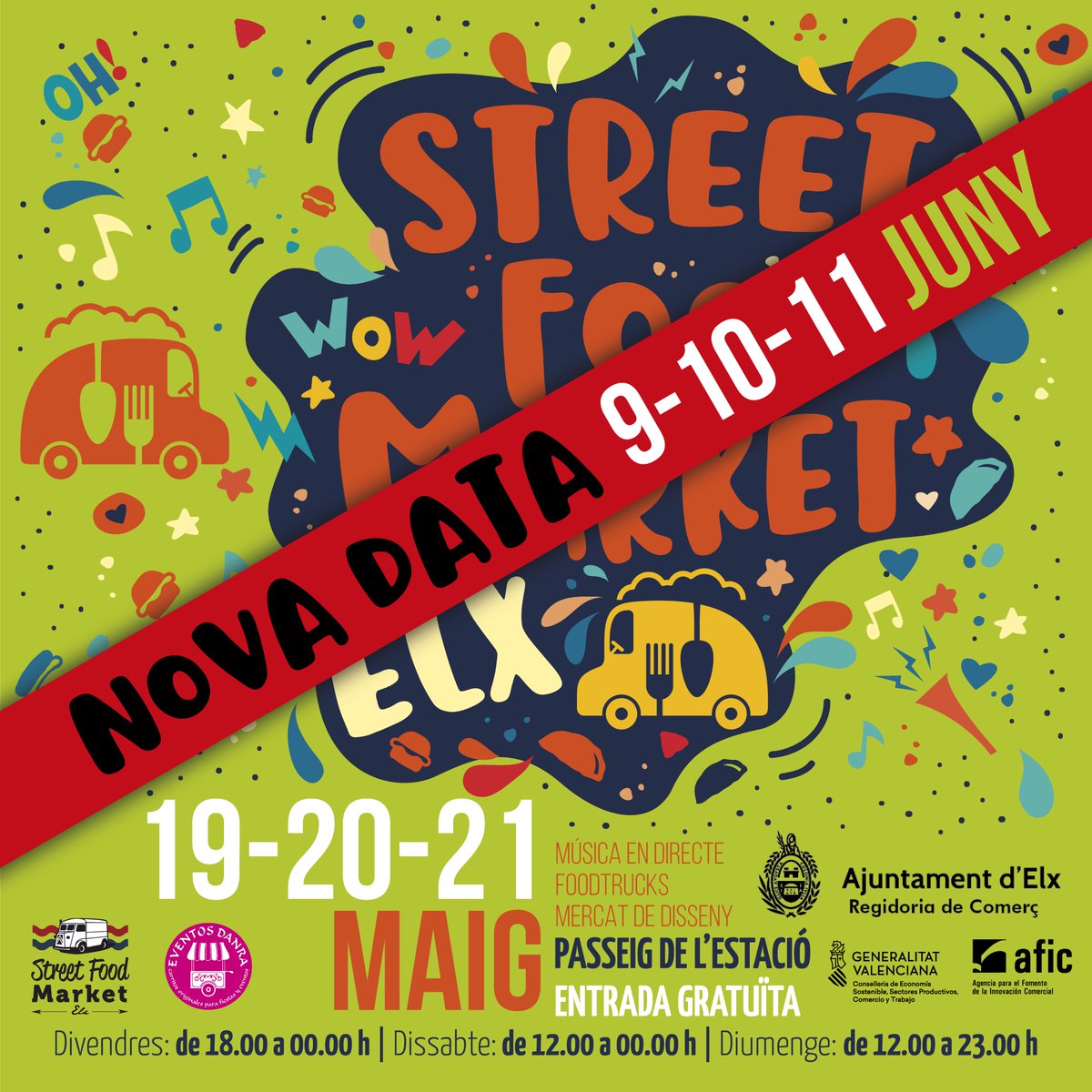 😢 Desafortunadamente, hemos tenido que aplazar la celebración de Elx Food Street Market.

🌧 La lluvia no da tregua y hay que velar por la seguridad.

😎Te esperamos el 9, 10 y 11 de junio en el Paseo de la Estación con el veranito ya a la vuelta de la esquina.

#Elx #Elche